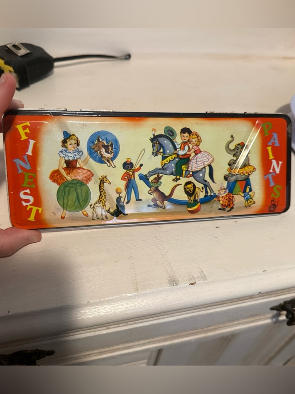 Vintage Antique childs tin litho toy Paint Box watercolor Circus England 1950s